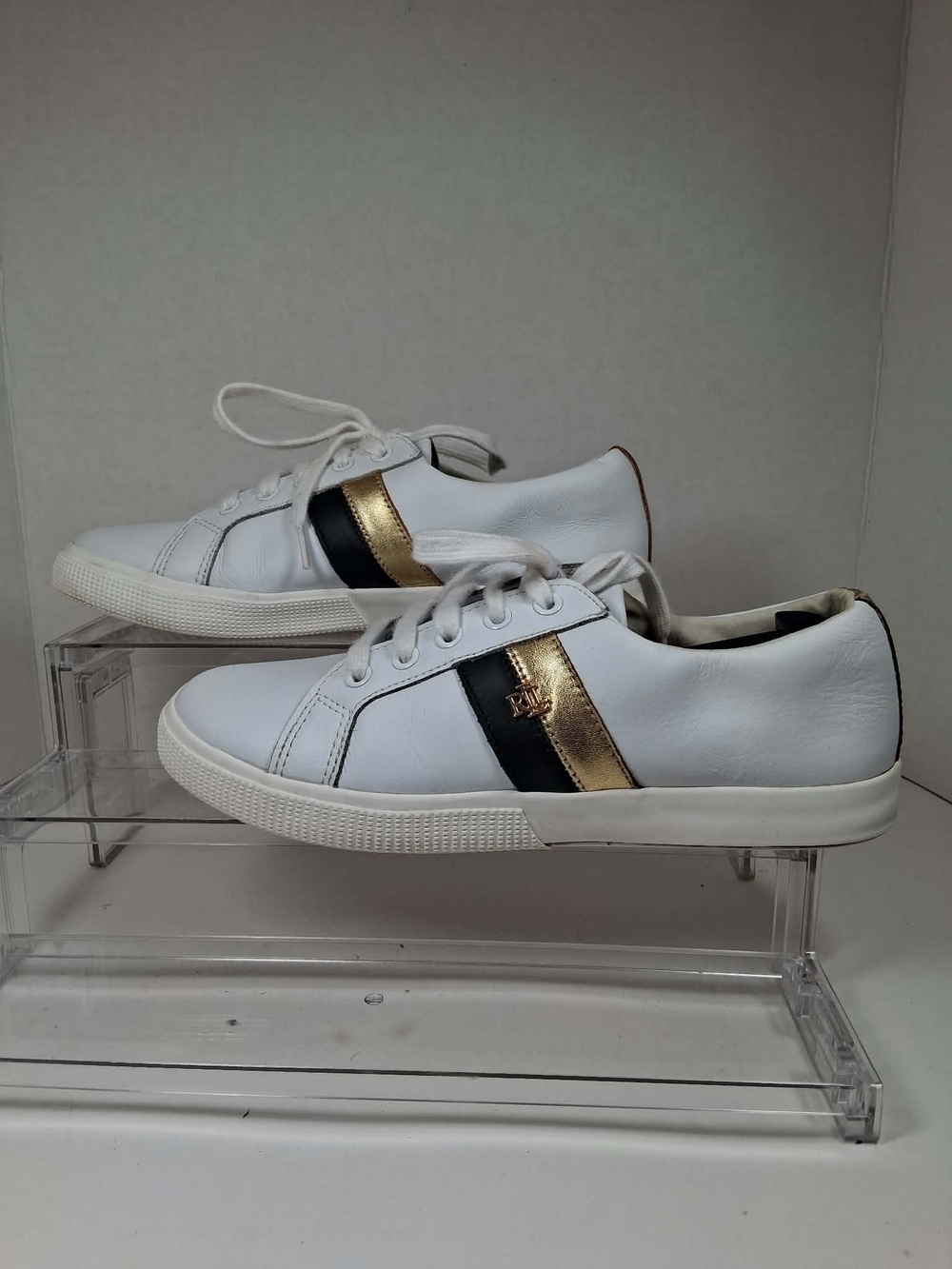 Lauren Ralph Lauren Janson II-SK-VLC White/Gold/Black Leather Low Top Sz: 8 Wom